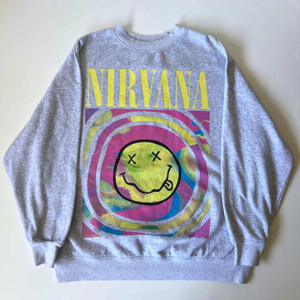 Divided H&M Nirvana Smiley Face Sweatshirt Gray Graphic Crewneck Size L